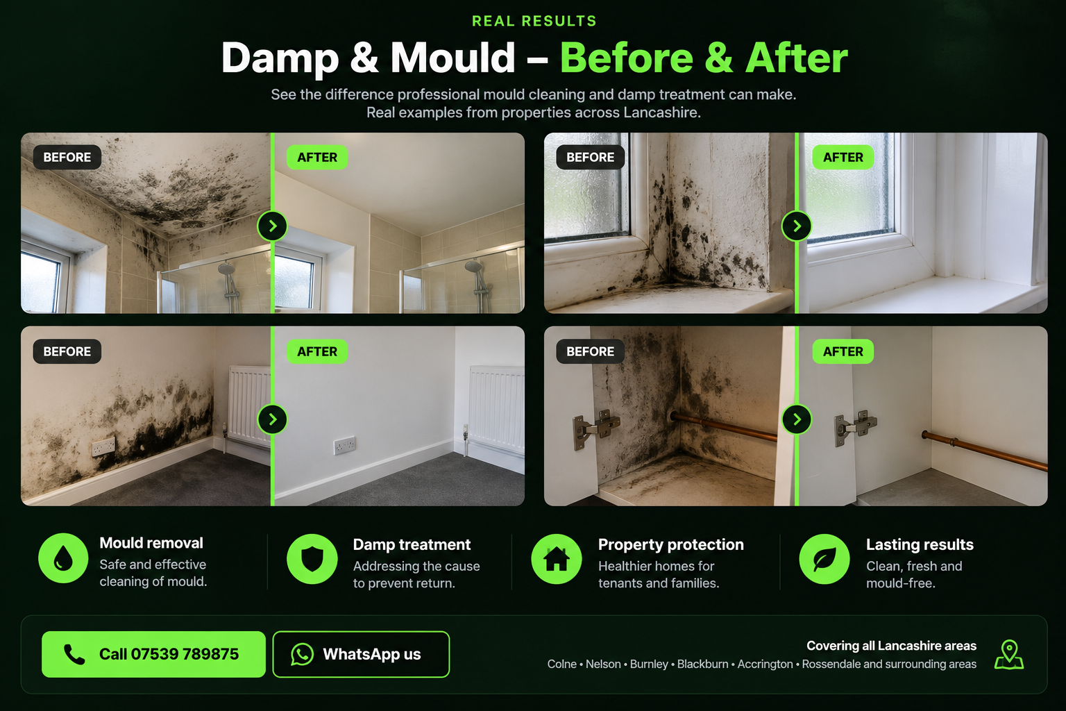 Illustrative before and after mould cleaning comparisons in a bathroom, around a window, a bedroom and a cupboard